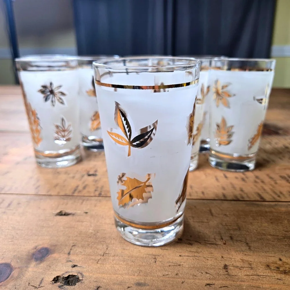 Vintage Libbey Golden Foliage Frosted Highball Glasses Set of 8 Brass Caddy MCM